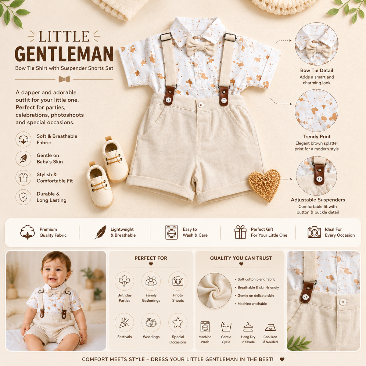 TOFFY HOUSE baby boy ecru bow tie shirt with adjustable suspender shorts set product infographic