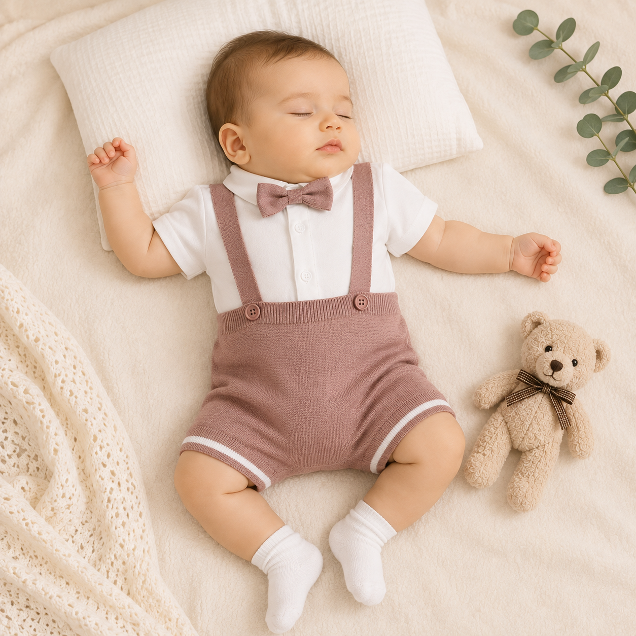 Toffy House baby boy onion romper set front view with white collared top and bow tie for newborn to 9 months