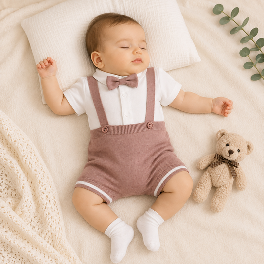 Toffy House baby boy onion romper set front view with white collared top and bow tie for newborn to 9 months