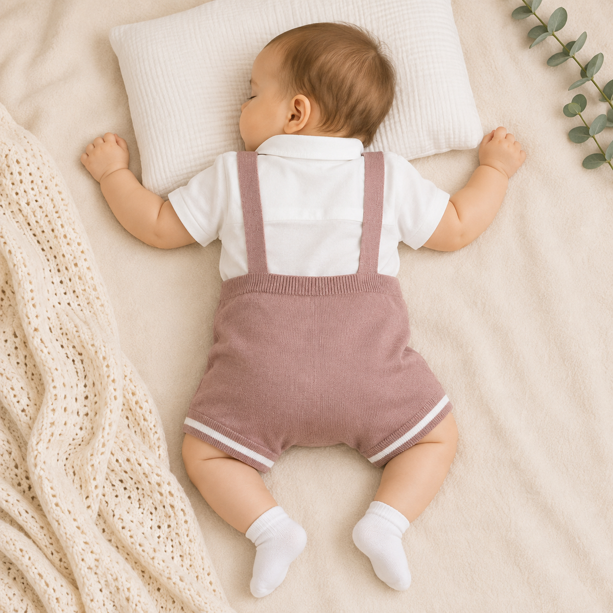 Toffy House baby boy onion romper set back view showing suspender-style romper shorts