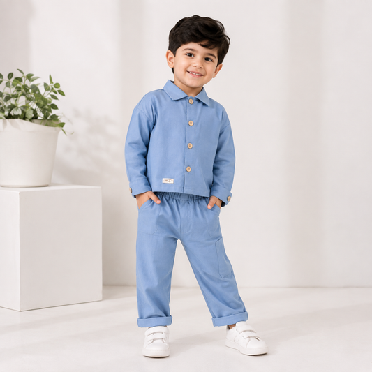 Toffy House boy wearing blue 2 piece shirt and pants set in stylish photoshoot pose