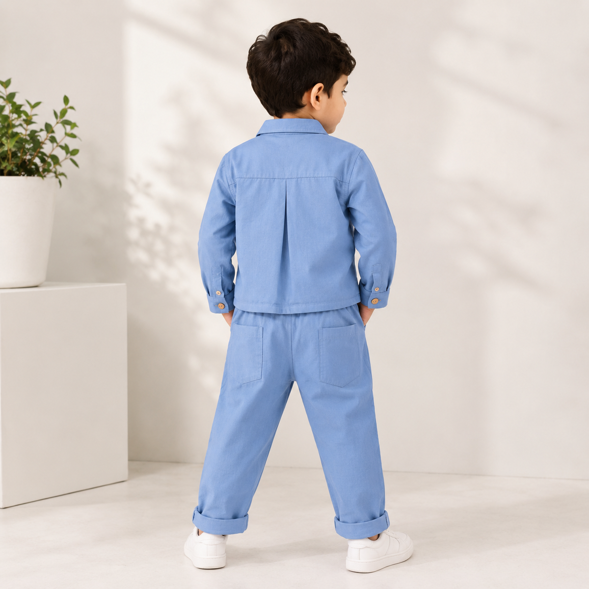 Toffy House boys blue 2 piece set back view showing shirt pleat and rear pants pockets