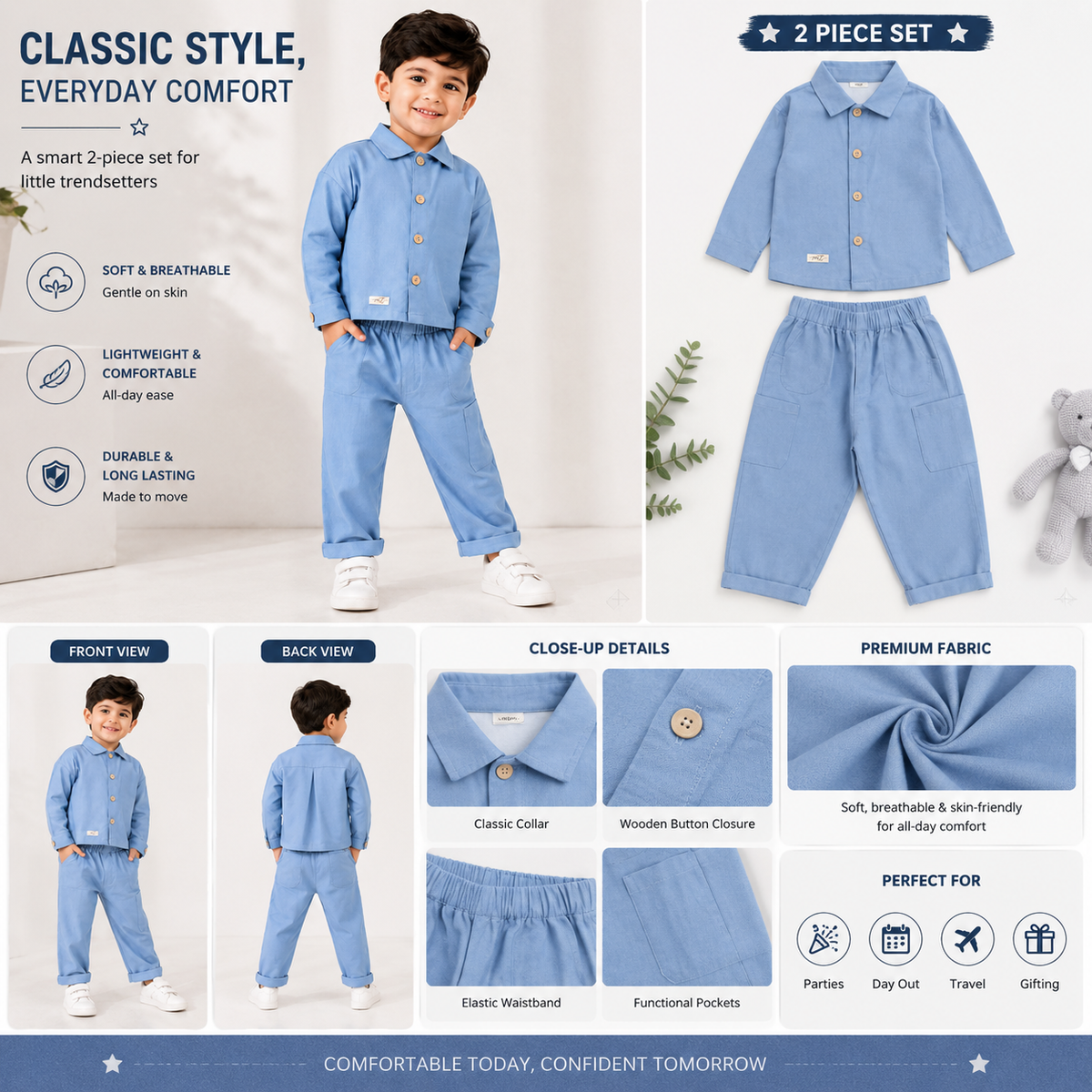Toffy House boys blue 2 piece shirt and pants set product infographic for 9 months to 5 years