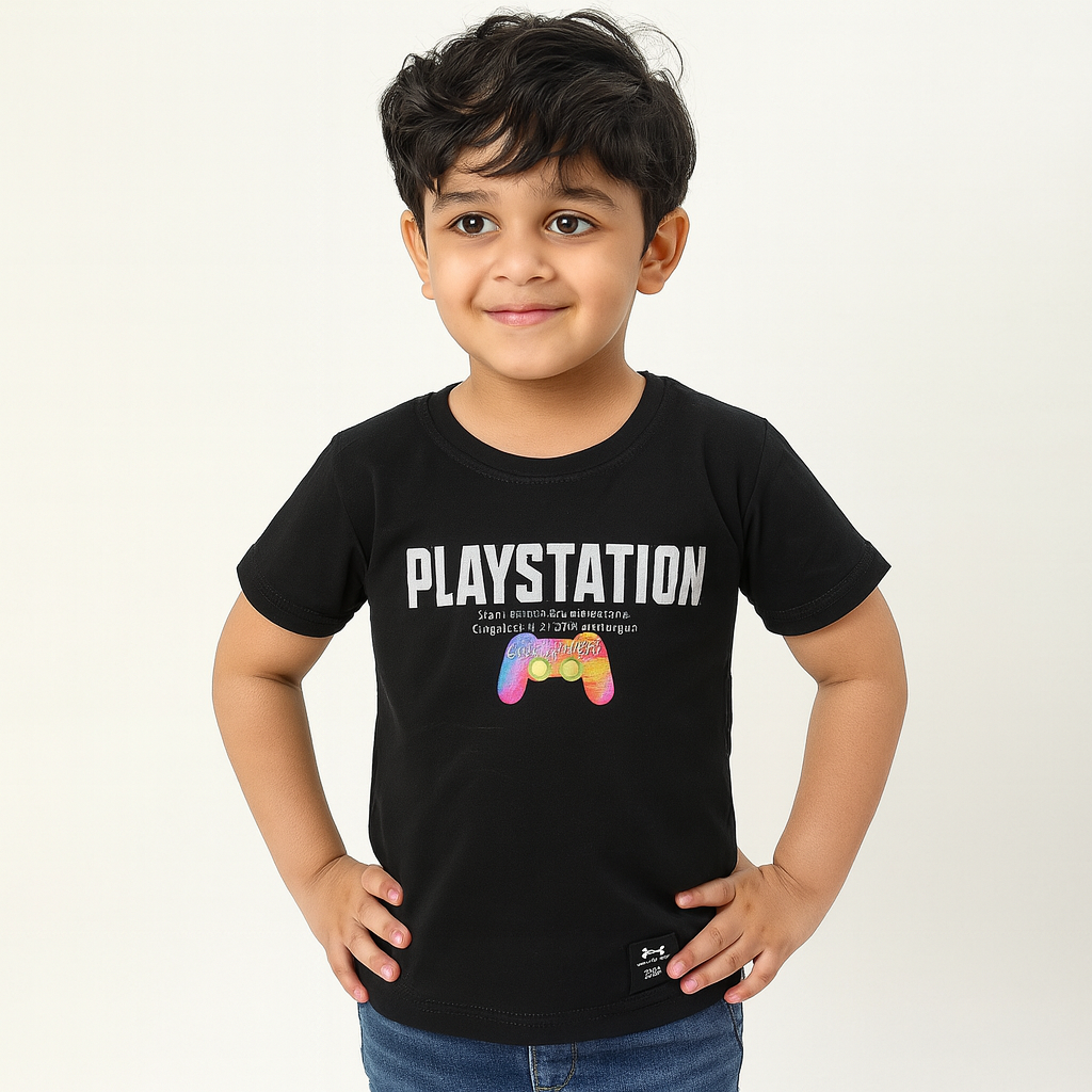 Smile Baby Boys’ Black Gamer T-Shirt – Vintage Console & PlayStation Print – Age 4 to 12 Years