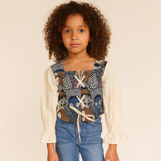 Smile Baby Girls’ Stylish Printed Top with Puff Sleeves – Fawn & Rust | Age 5–14 Years
