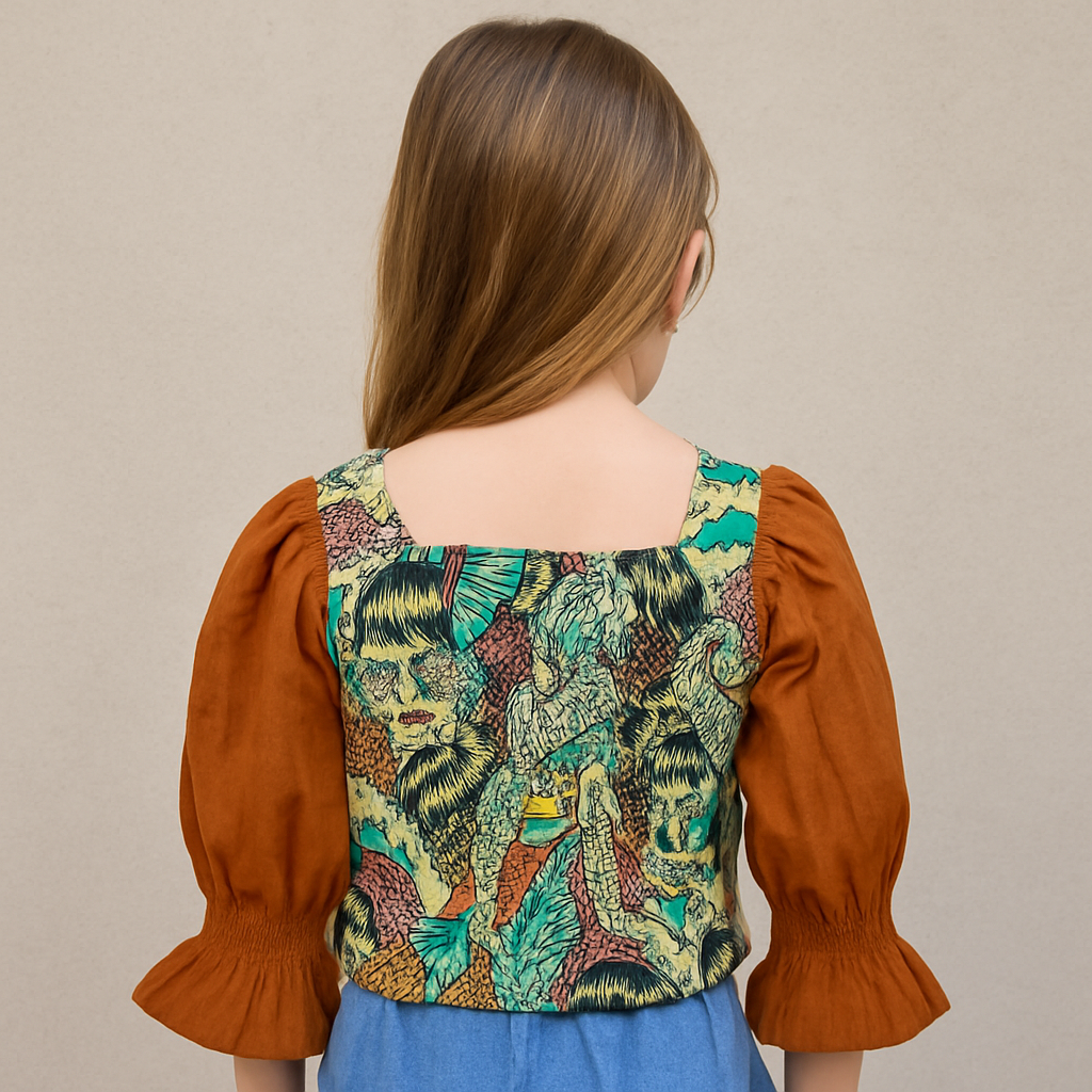Smile Baby Girls’ Stylish Printed Top with Puff Sleeves – Fawn & Rust | Age 5–14 Years