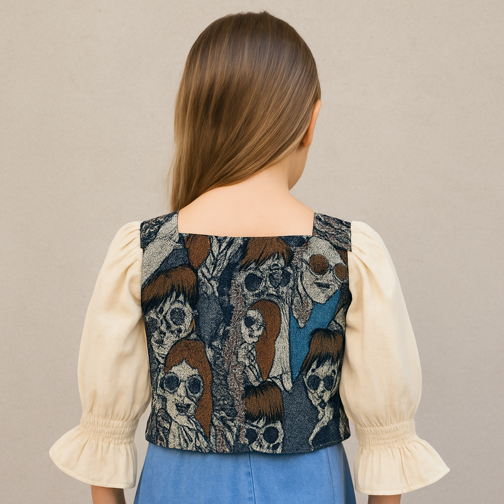 Smile Baby Girls’ Stylish Printed Top with Puff Sleeves – Fawn & Rust | Age 5–14 Years