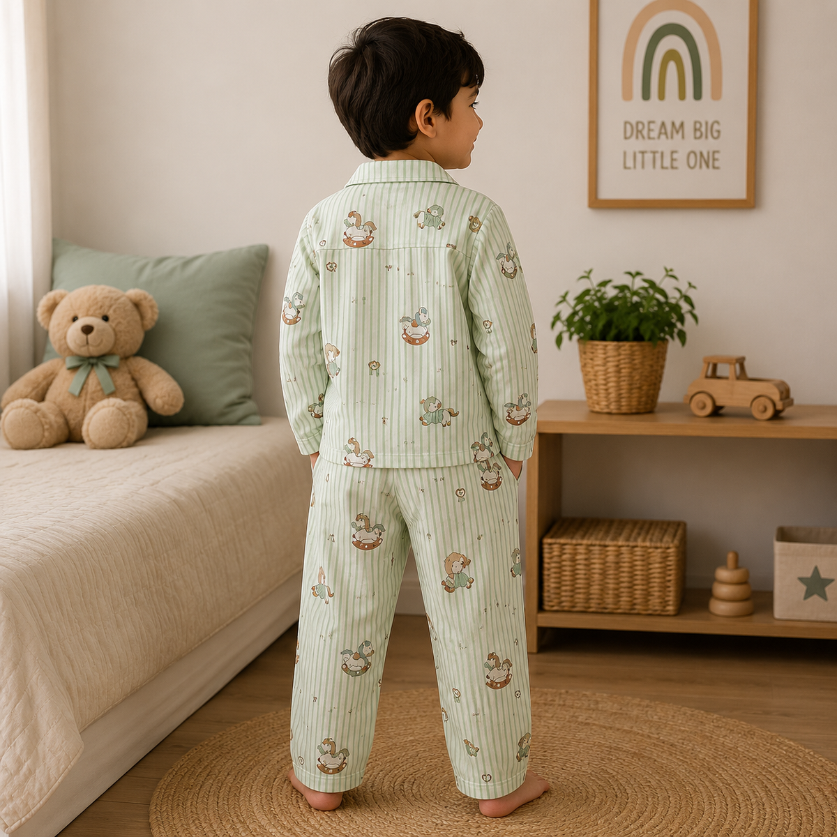 NUM NUM boys green striped horse print pajama set back view with full-sleeve top and matching pants