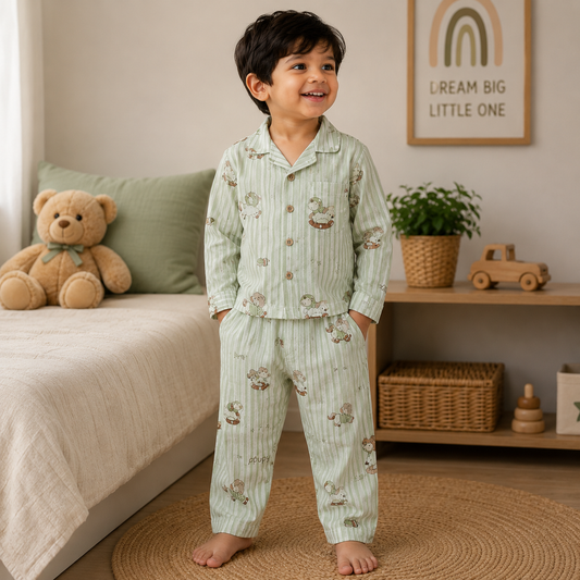 NUM NUM boys green horse print pajama set front view with striped full-sleeve shirt and matching pants