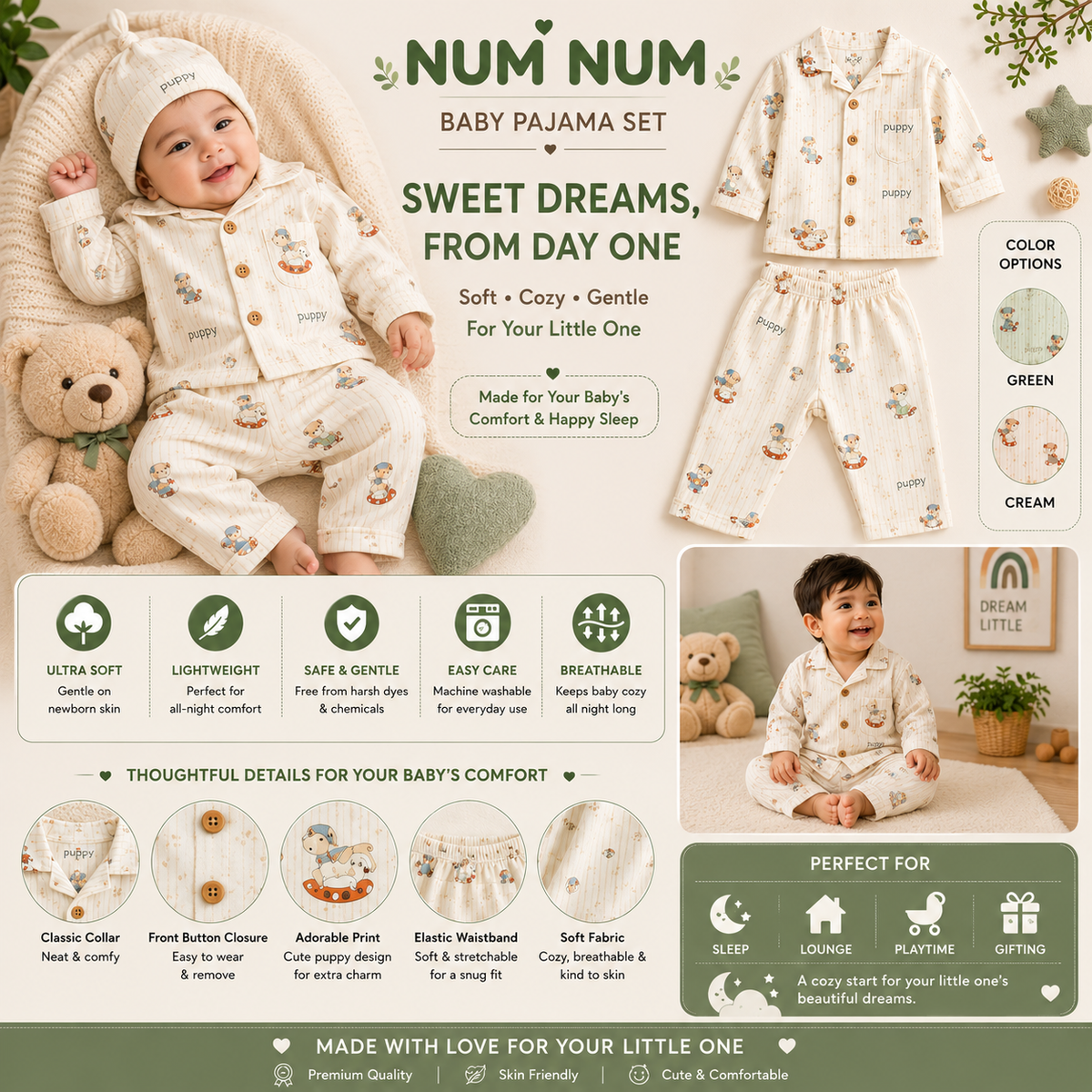 NUM NUM boys green horse print pajama set product infographic with comfort features and matching two-piece nightwear