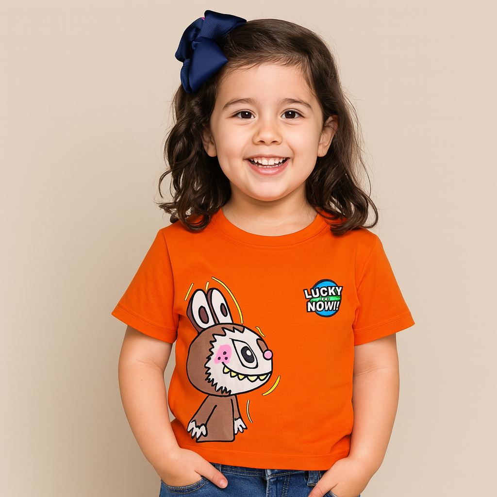 Smile Baby Boys & Girls Cartoon Labubu  Print Orange T-Shirt (Age 4–14 Years)