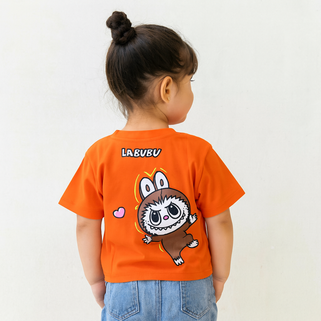 Smile Baby Boys & Girls Cartoon Labubu  Print Orange T-Shirt (Age 4–14 Years)