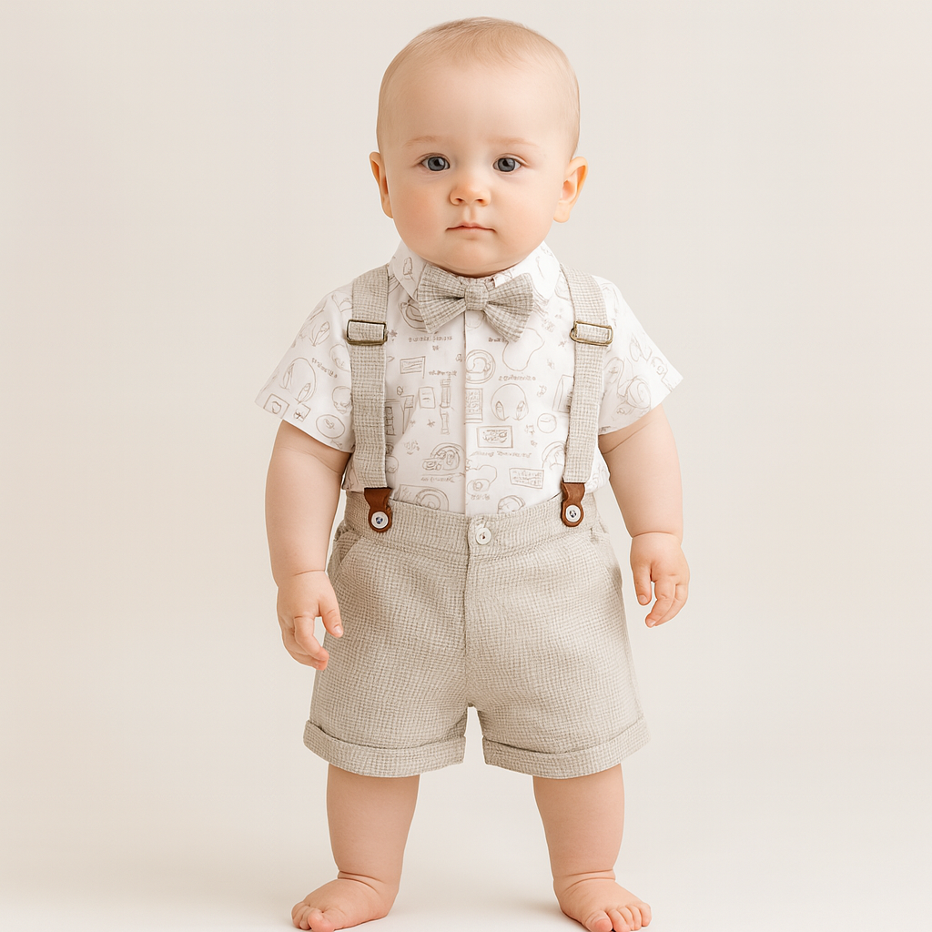 TOFFY HOUSE Boys' Fawn Suspender Shorts Set – Printed Shirt with Bow Tie | 0–9 Months  | Cotton Blend