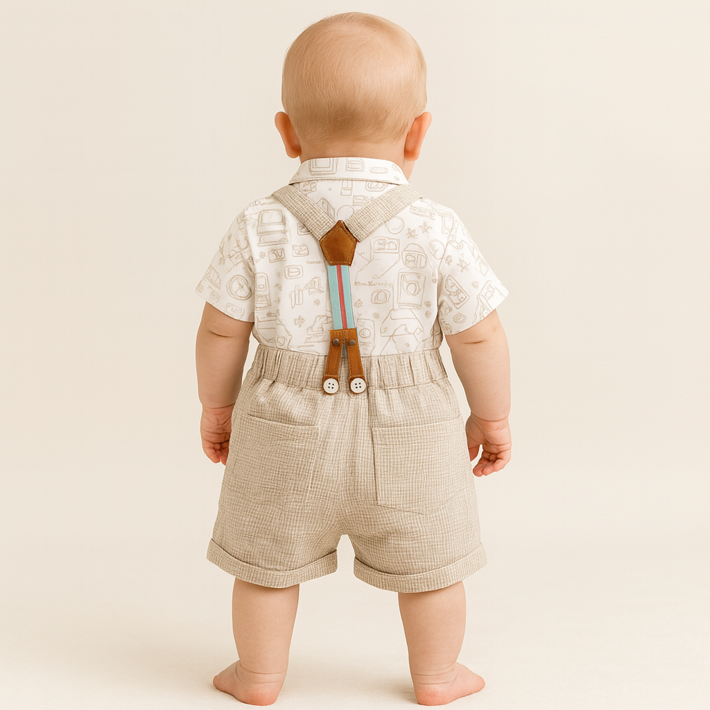 TOFFY HOUSE Boys' Fawn Suspender Shorts Set – Printed Shirt with Bow Tie | 0–9 Months  | Cotton Blend
