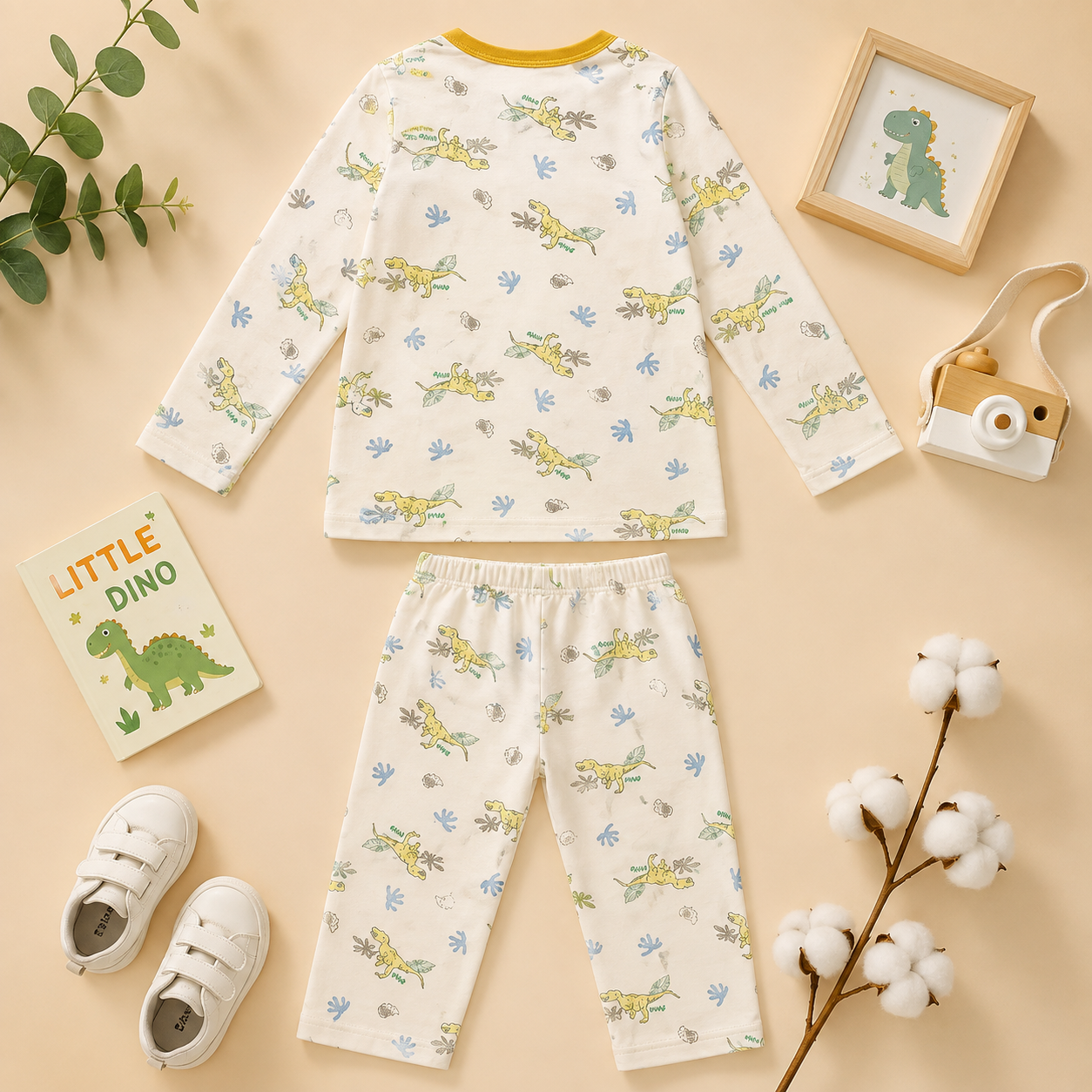 Smile Baby boys yellow premium cotton night suit back flat lay with all-over dinosaur print and full sleeve pajama set
