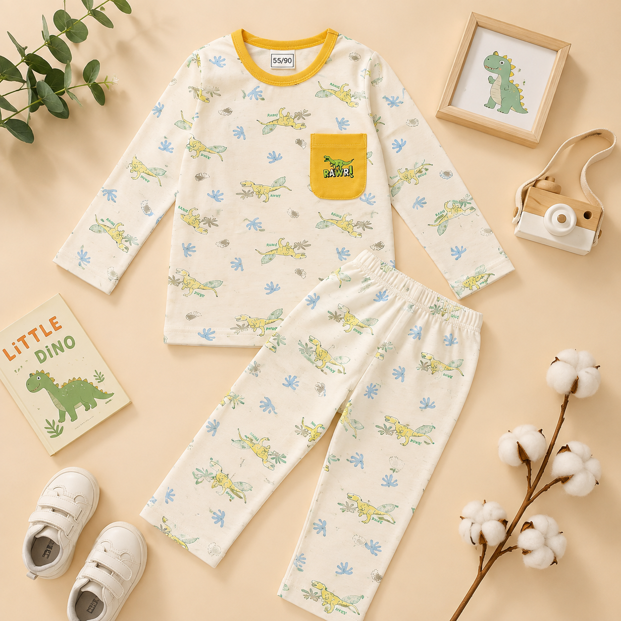 Smile Baby boys yellow premium cotton night suit front flat lay featuring all-over dinosaur print and RAWR contrast pocket
