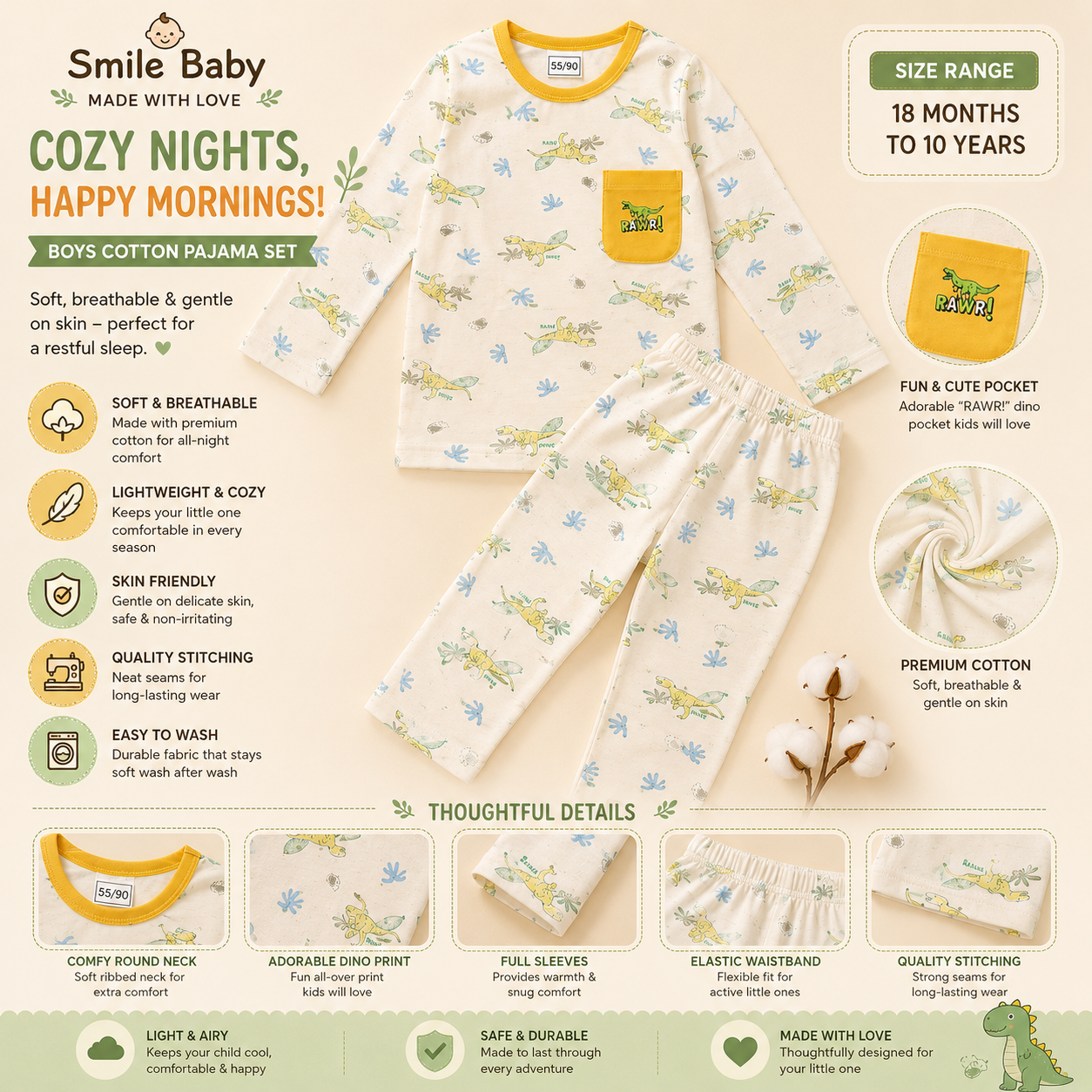 Smile Baby boys premium cotton night suit yellow dinosaur print infographic with RAWR pocket, premium cotton fabric, elastic waistband, and size range 18 months to 10 years