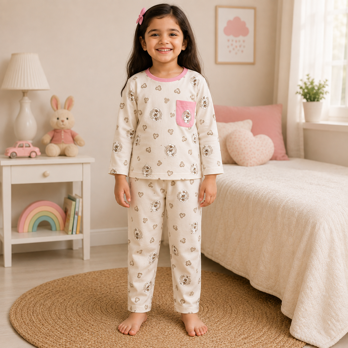 Smile Baby girls premium cotton night suit front view in Cream Pink with pink contrast pocket and cute cartoon character print