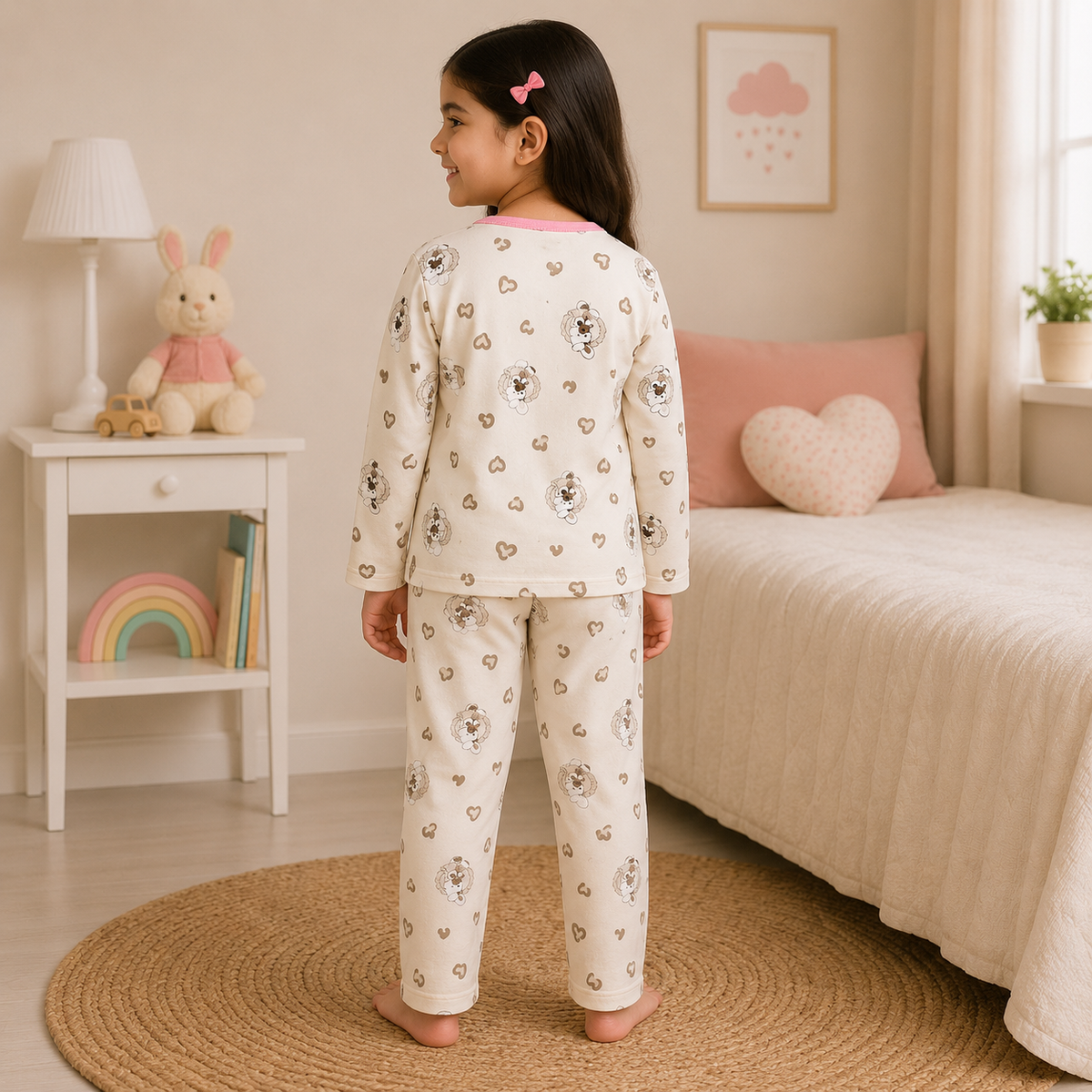 Smile Baby girls premium cotton night suit back view in Cream Pink with all-over cartoon character print full sleeve pajama set