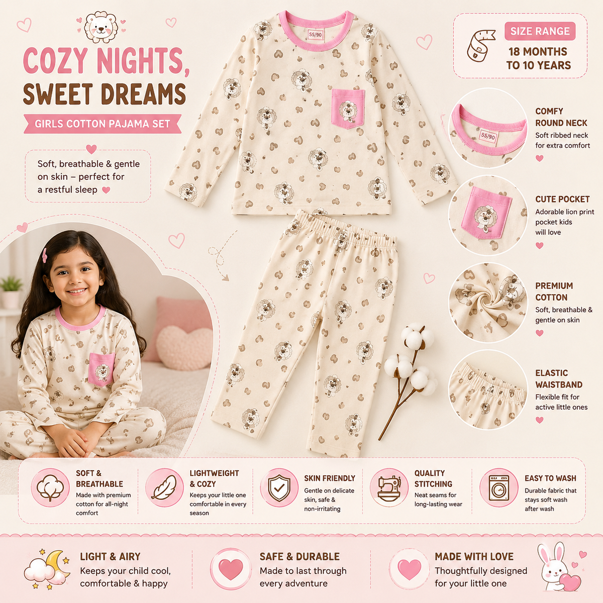 Smile Baby girls premium cotton night suit infographic showing Cream Pink full sleeve pajama set, premium cotton fabric, cartoon character print, ribbed round neck, elastic waistband, pink pocket, and size range 18 months to 10 years