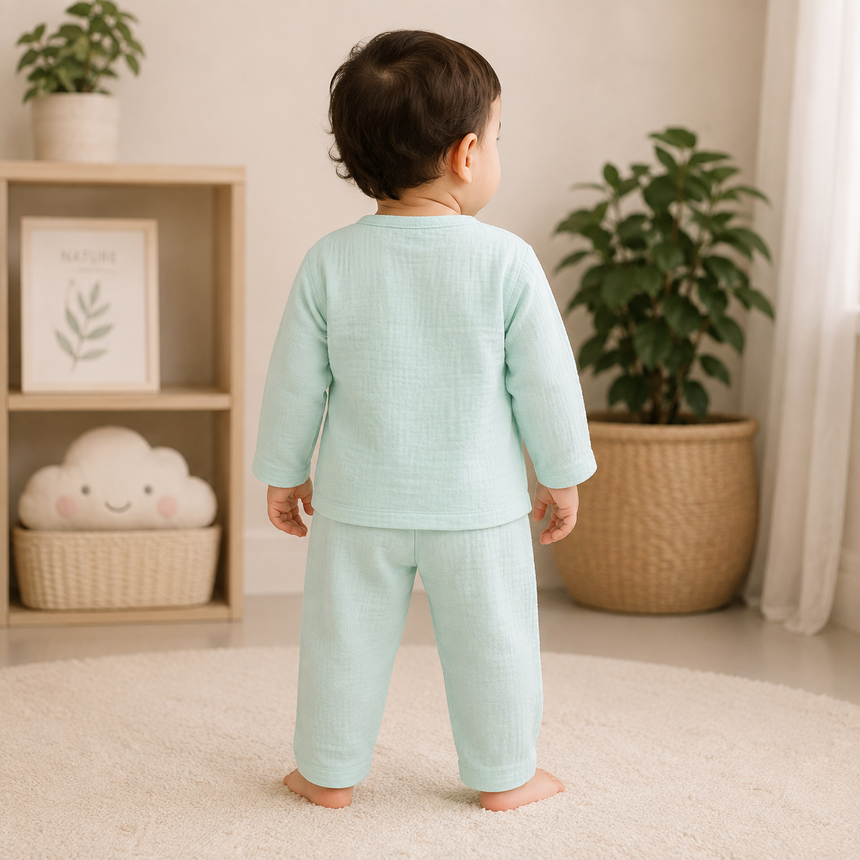 "Back view of a baby wearing a mint PISTA GREEN cotton full-sleeve top and matching pants, showing the comfortable fit and clean rear design."