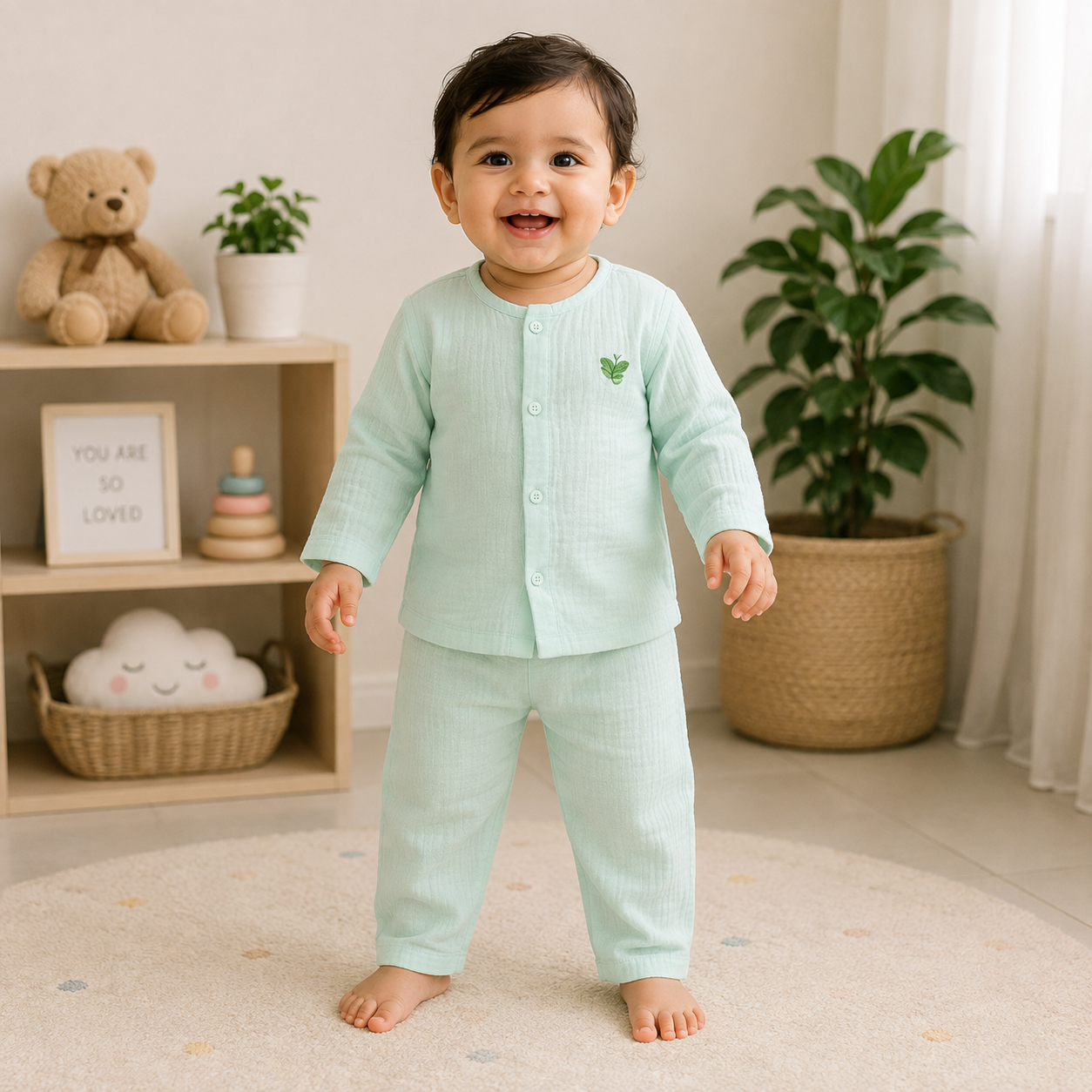 "Baby wearing a PISTA GREEN cotton full-sleeve top and matching pants, standing in a cozy nursery to showcase the comfortable outfit fit."