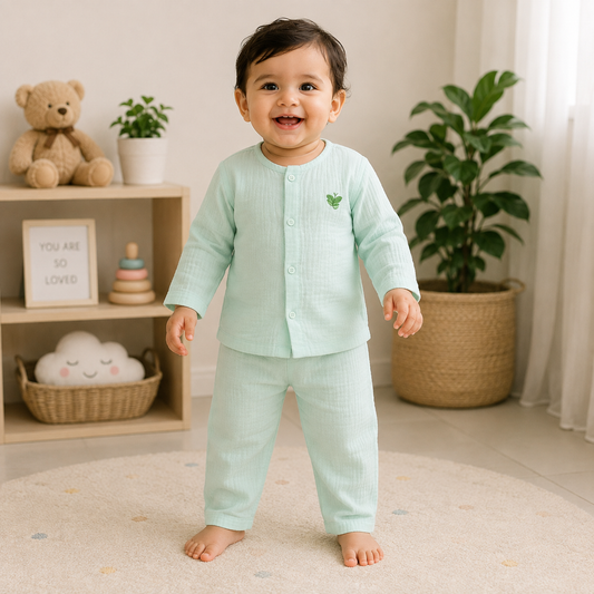 "Baby wearing a PISTA GREEN cotton full-sleeve top and matching pants, standing in a cozy nursery to showcase the comfortable outfit fit."