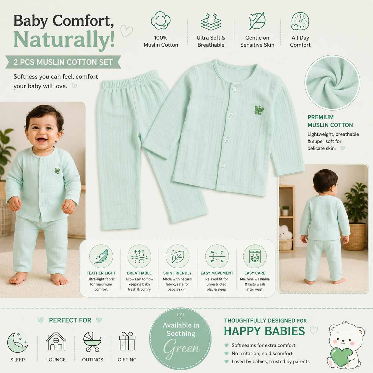 "A+ infographic showcasing a PISTA GREEN muslin cotton baby clothing set with front and back views, fabric details, breathable material, skin-friendly comfort, lightweight design, and easy-care features."