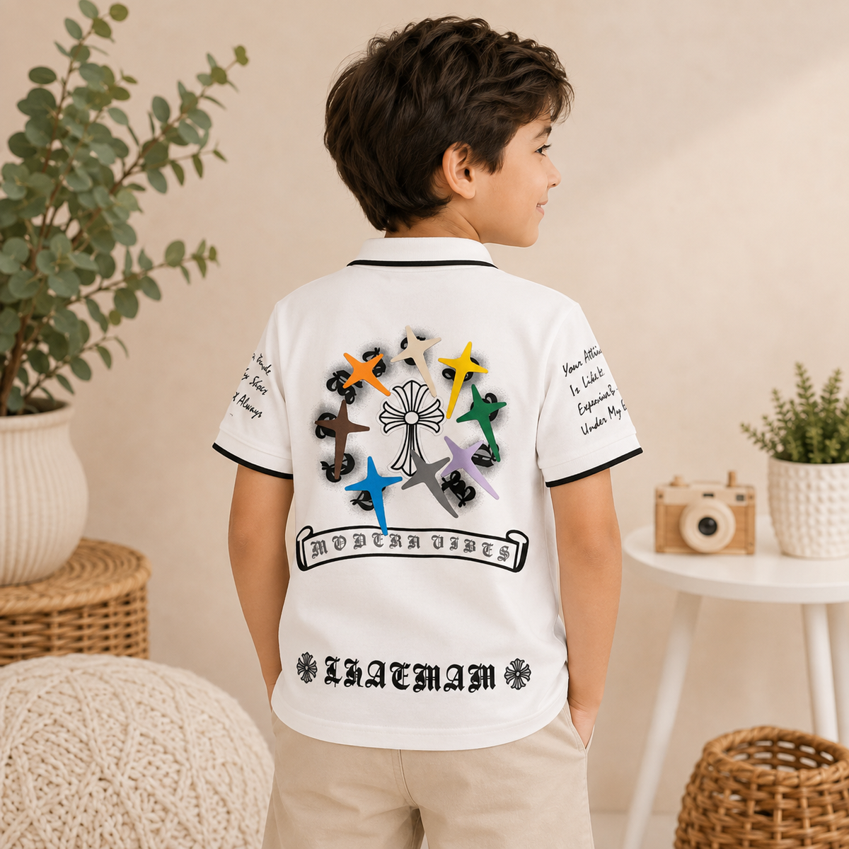 99 Balloon white polo T-shirt for boys aged 4 to 12 years, back view with colorful graphic print and black contrast piping