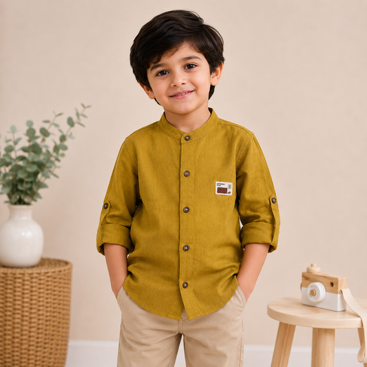 GUSTO mustard boys shirt front view with mandarin collar and roll-up sleeves