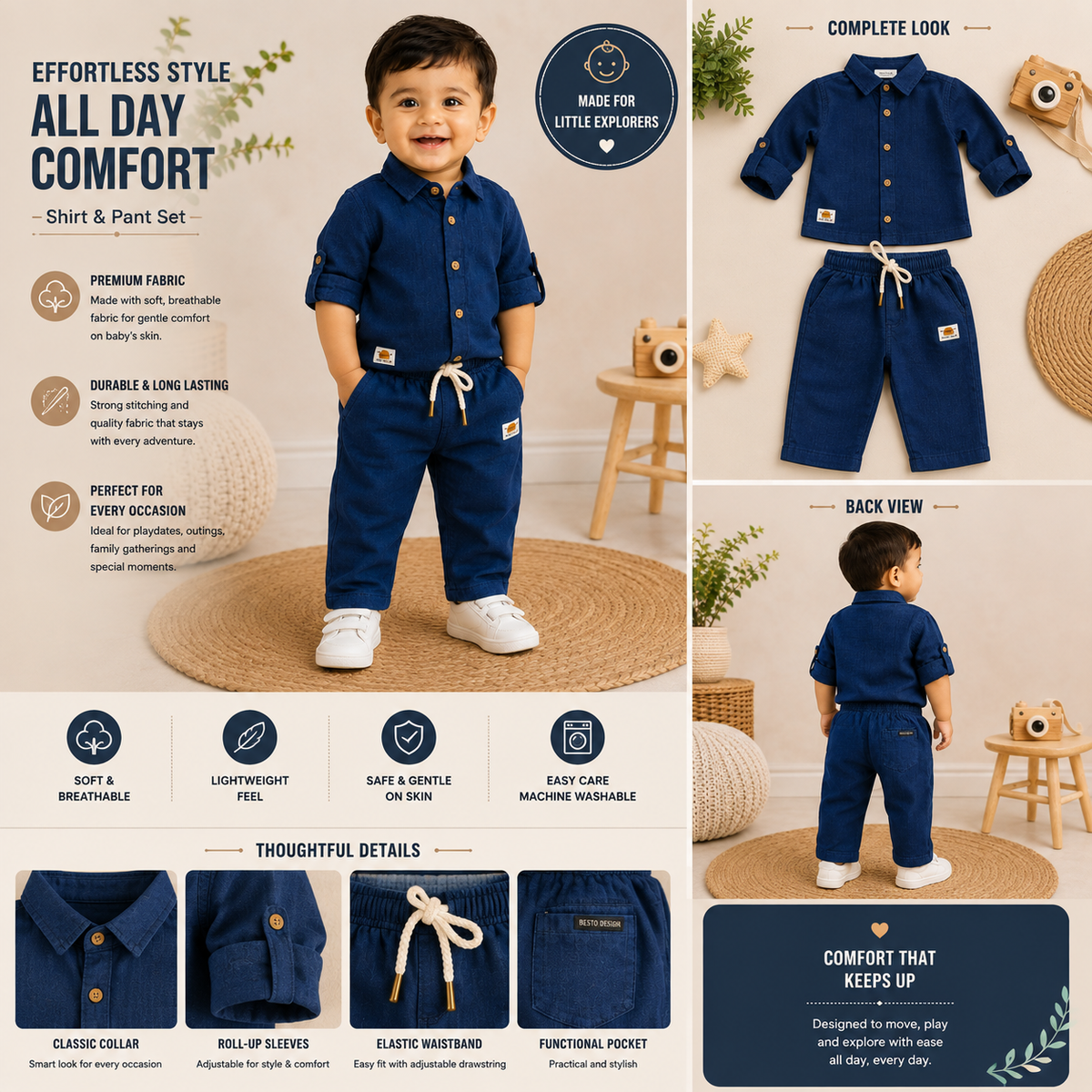 GUSTO boys blue shirt and pant set A+ content showing front and back views, classic collar, roll-up sleeves, elastic waistband, drawstring and functional pocket details