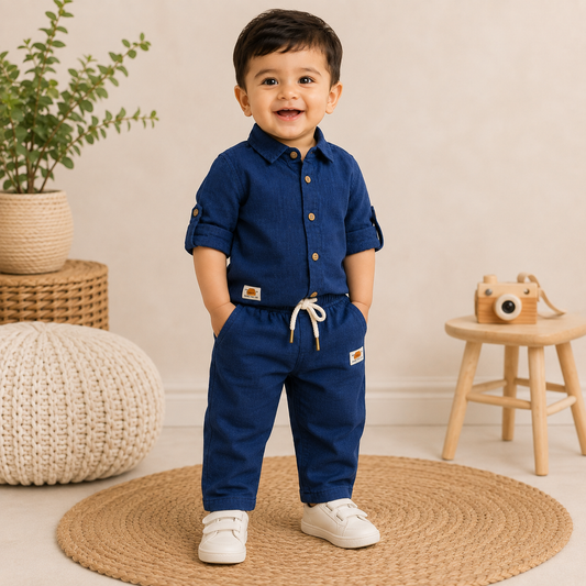 GUSTO boys blue shirt and pant set front view with collared shirt, roll-up sleeves and elastic waist pants