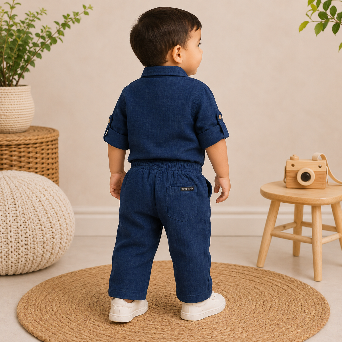 GUSTO boys blue shirt and pant set back view showing shirt back, adjustable sleeves and functional pant pocket