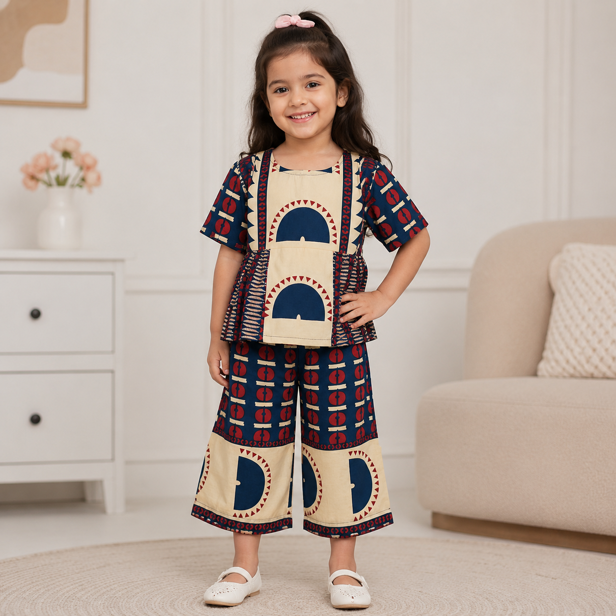Smile Baby girls blue ethnic printed co-ord set front view with flared top and palazzo pants