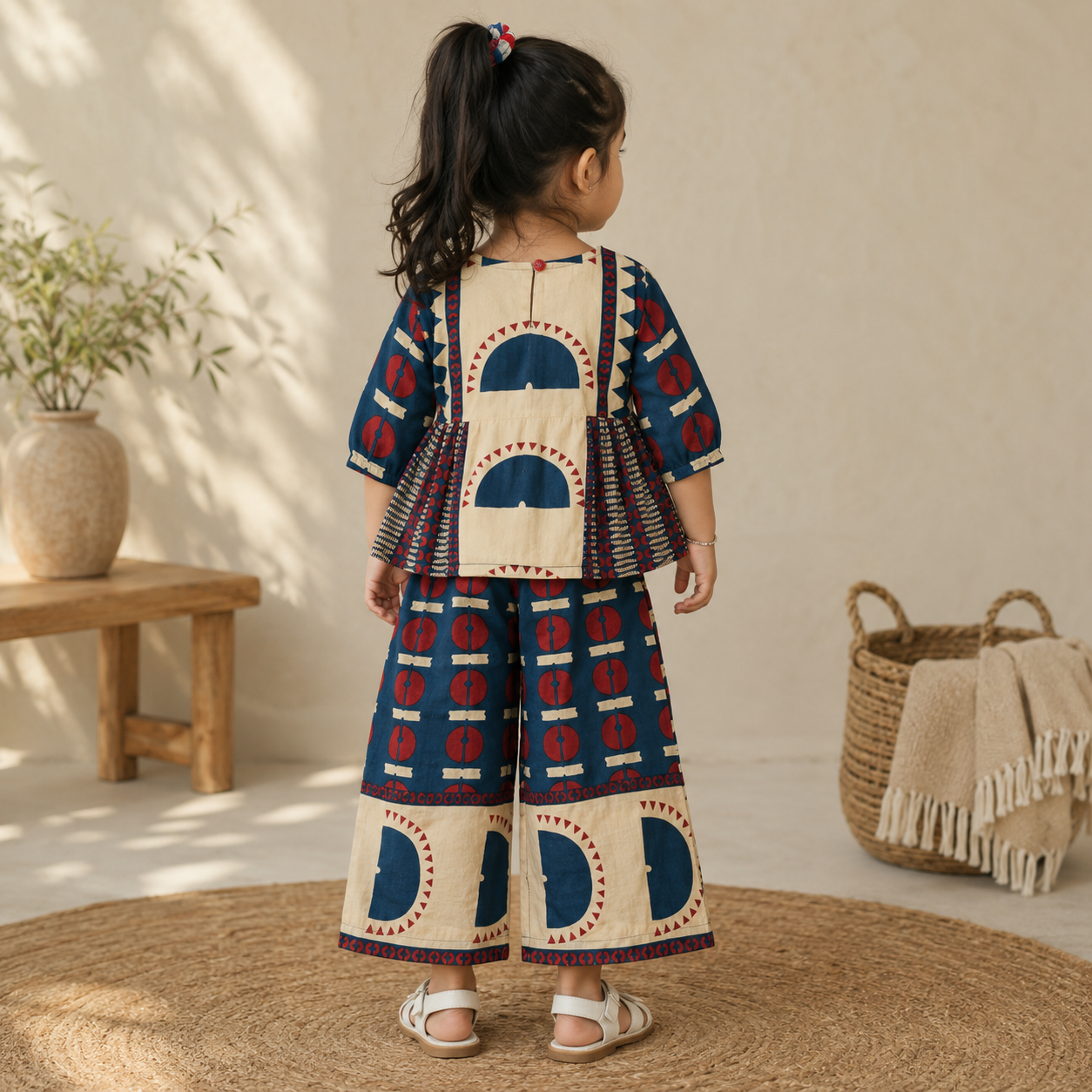 Smile Baby girls blue traditional printed co-ord set back view showing button closure and palazzo pants