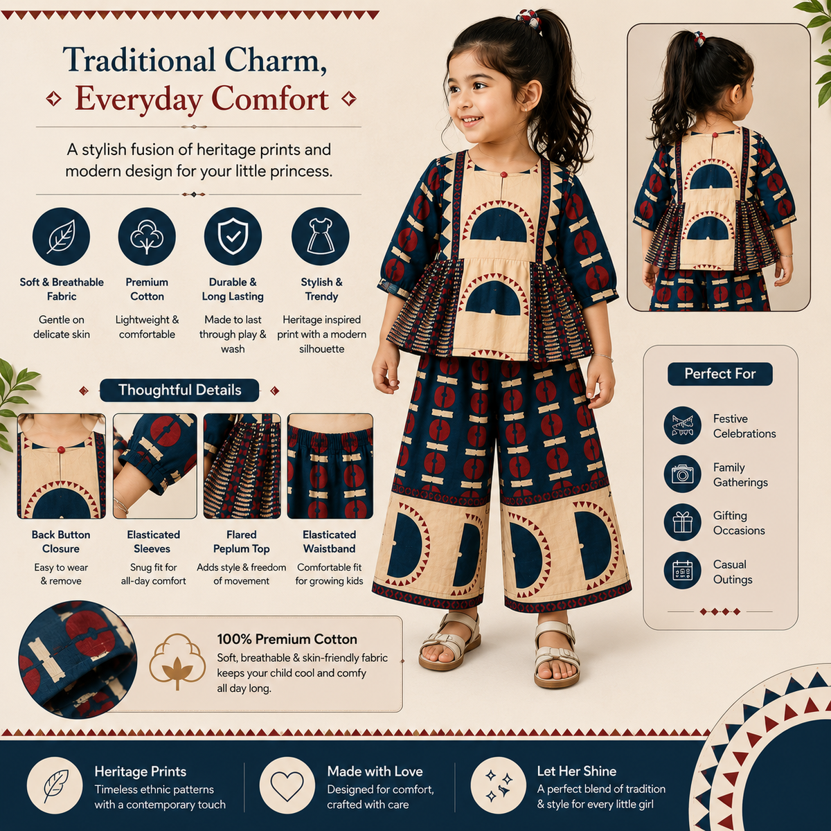 Smile Baby girls blue ethnic outfit front view featuring printed top and wide-leg palazzo pants