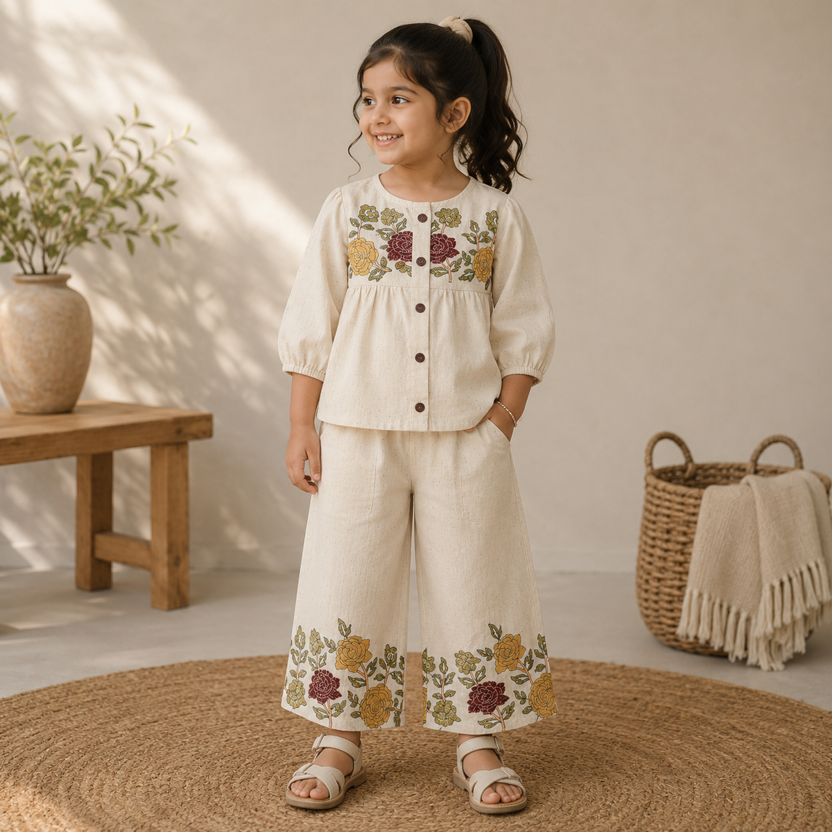 Smile Baby girls off white floral co-ord set front view with button-down top and wide-leg pants
