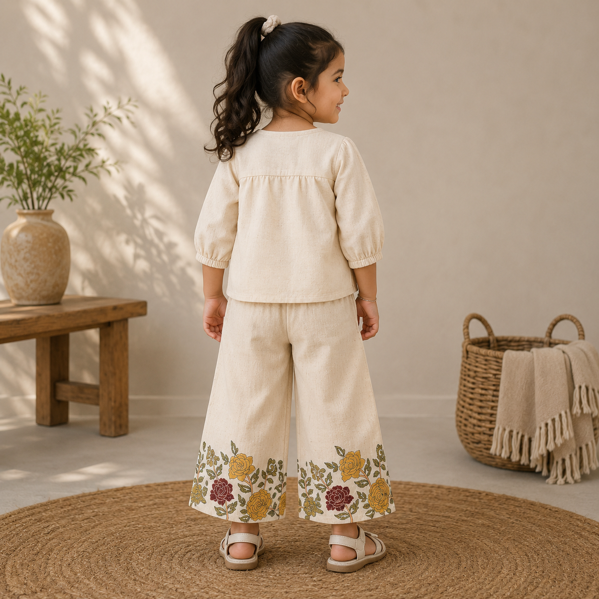 Smile Baby girls off white floral co-ord set back view with wide-leg palazzo pants and floral hem