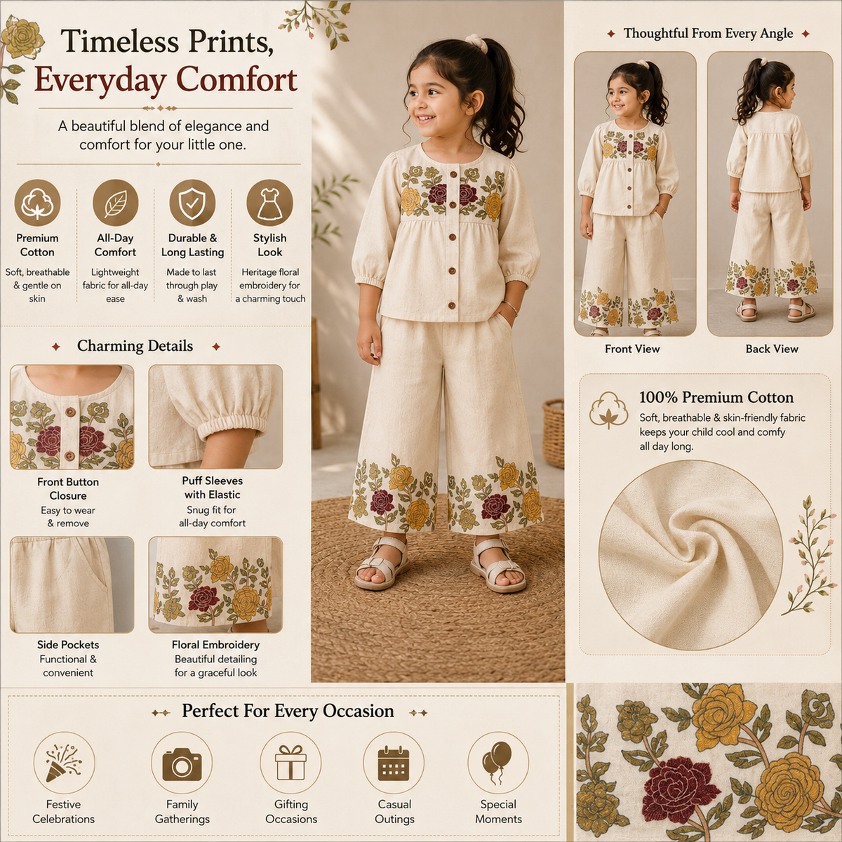 Smile Baby girls off white floral printed co-ord set A+ product infographic with cotton fabric and style details