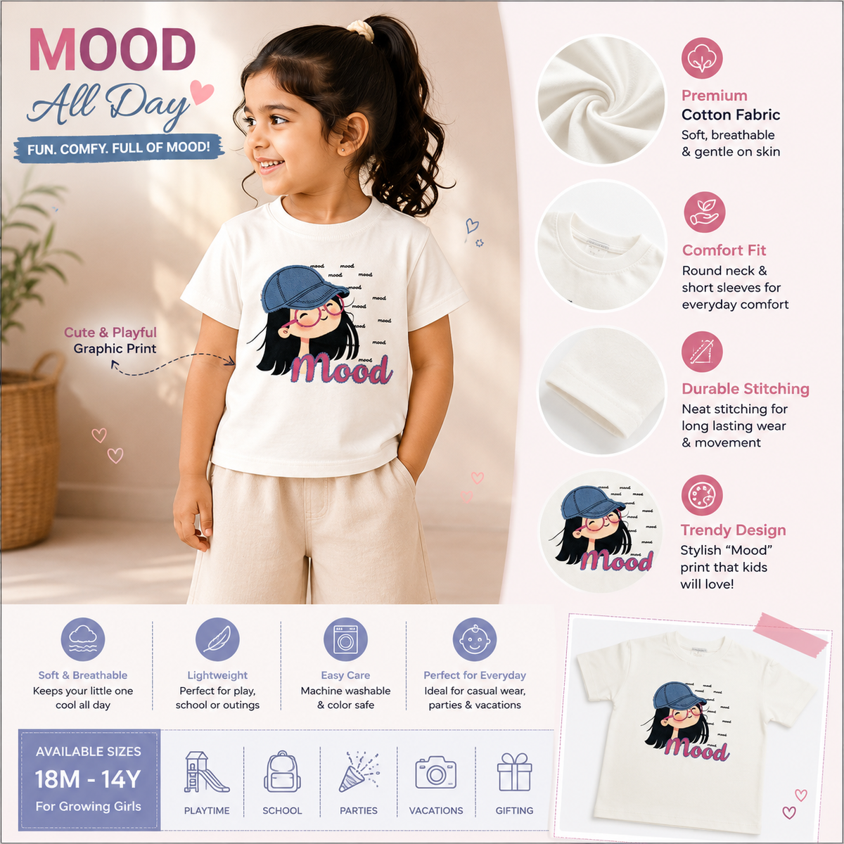 VITAMINS girls off white Mood graphic printed T-shirt A+ infographic showing cotton fabric, comfort fit and everyday features