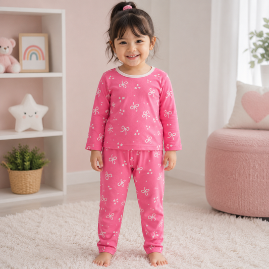 Smile Baby girls pink printed full sleeve night suit front view with bow pattern for ages 1Y to 10Y
