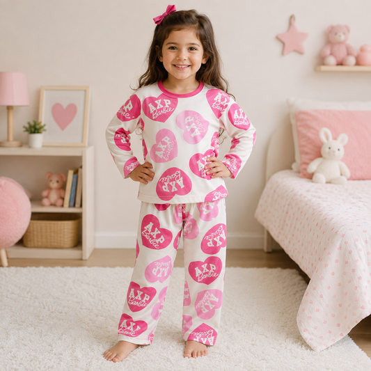 Smile Baby girls pink and white printed night suit front view featuring full sleeve top and matching full length pajama