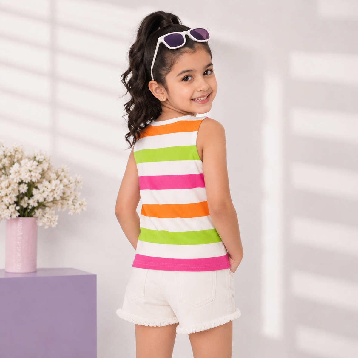 Back view of girl wearing Reverse X-Treme pink multicolor striped sleeveless top with white denim shorts