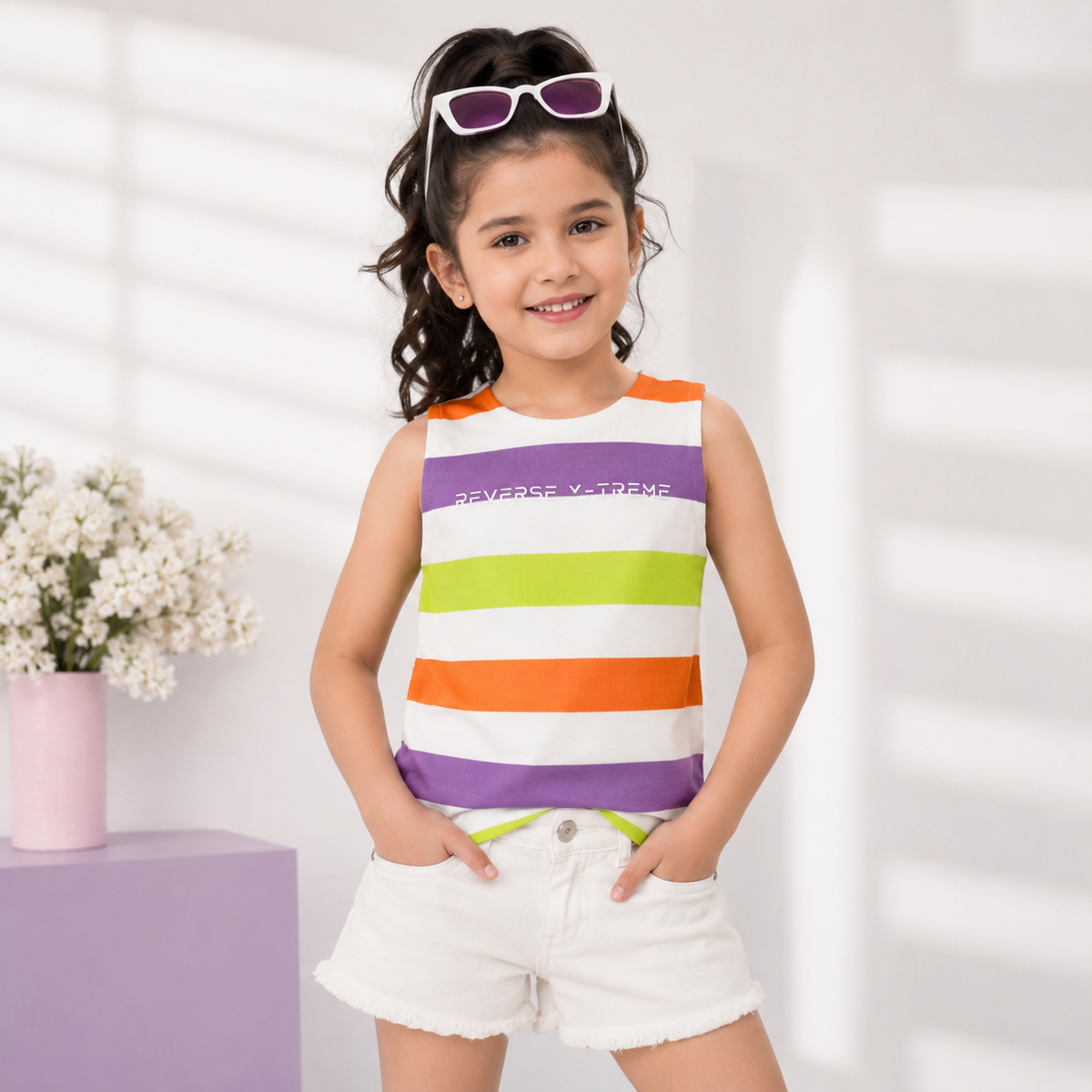Girl wearing Reverse X-Treme purple multicolor striped sleeveless top with white denim shorts