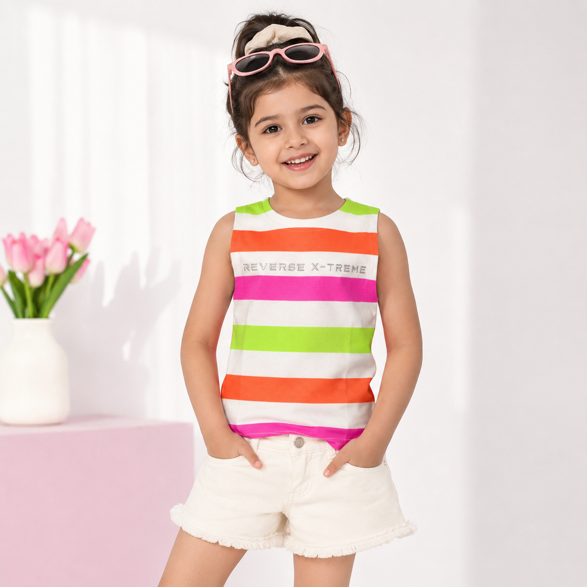 Girl wearing Reverse X-Treme pink multicolor striped sleeveless top with white denim shorts