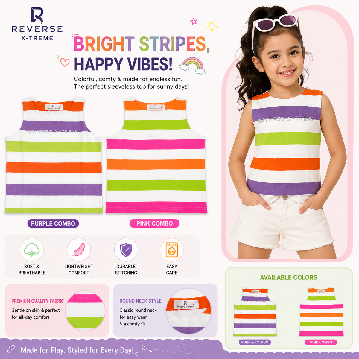 Reverse X-Treme girls colorful striped sleeveless top product infographic with pink and purple color options