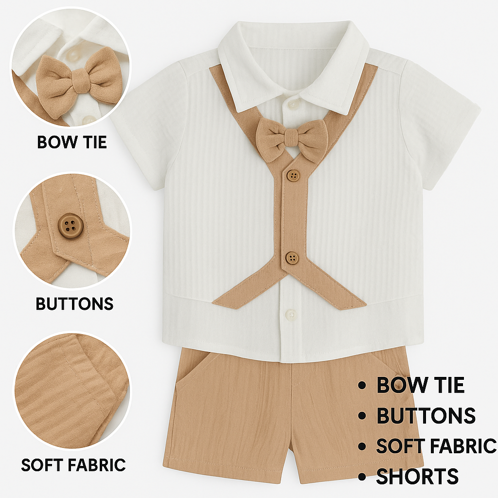 TOFFY HOUSE Boys’ Formal Bow Tie Shirt & Shorts Set – Beige Suspender Design | 0–9 Months