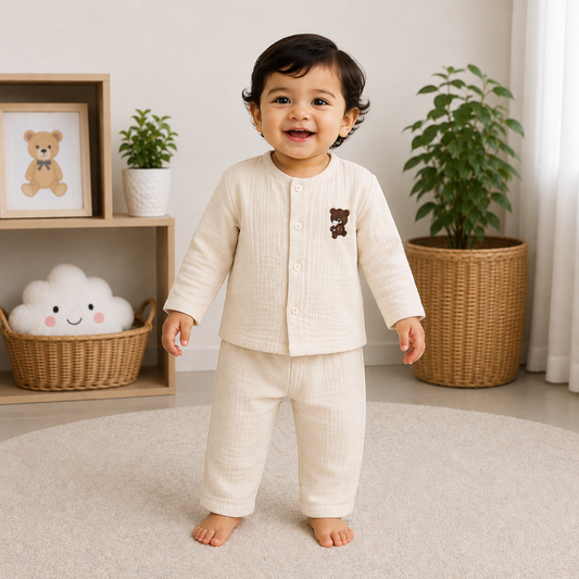 Smile Baby Unisex Fawn Muslin Cotton Co-Ord Set Front View on Baby Model