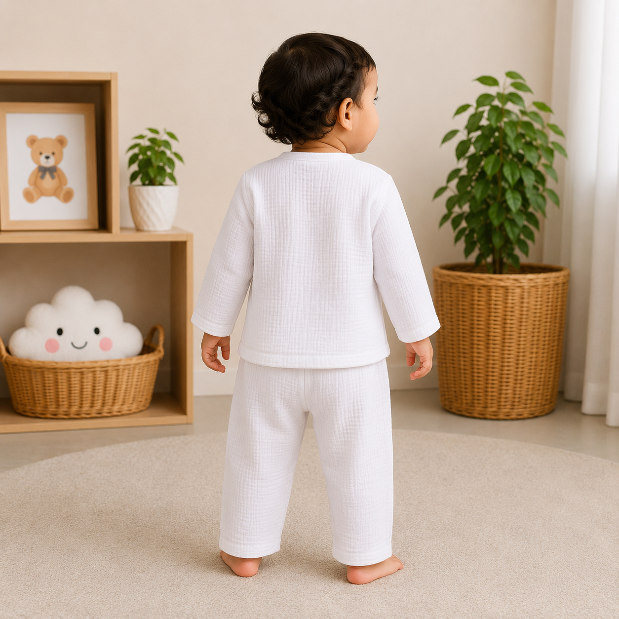 Smile Baby White Muslin Cotton Unisex Baby Night Suit Back View | Breathable Full Sleeve Pajama Set for Babies 3 Months to 3 Years