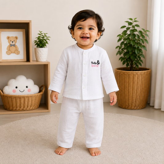 Smile Baby White Muslin Cotton Unisex Baby Night Suit Front View | Full Sleeve Soft Sleepwear Set for 3 Months to 3 Years